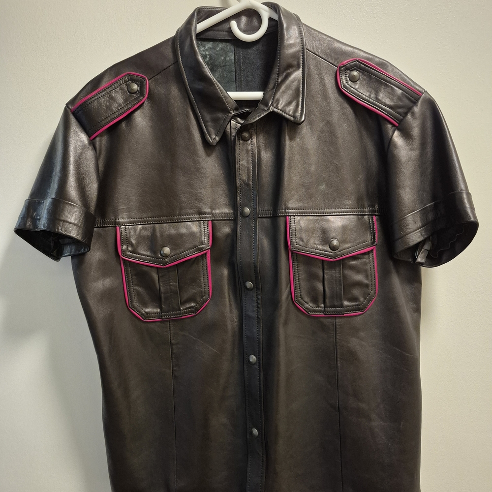 Black and Red Lightweight Leather Shirt Jacket with Glossy Finish